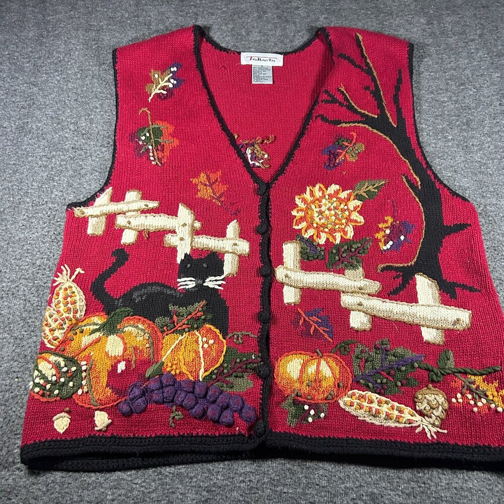 Talbots Women's Cotton Sweater Vest Embroidered Leaves Pumpkin Red Fall Sz Med